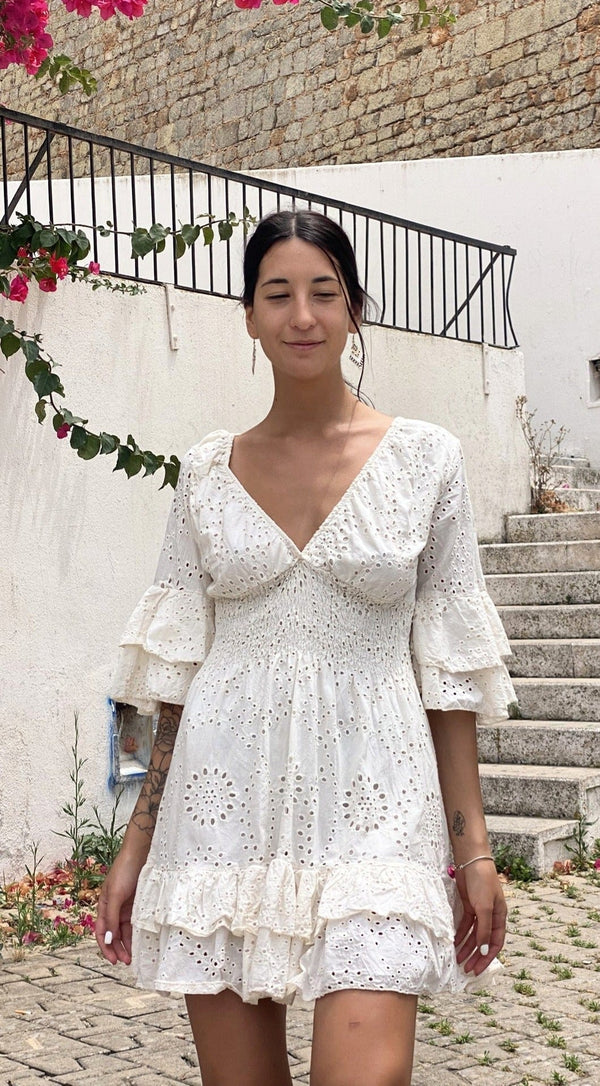 Vestido Mini Calado Crema
