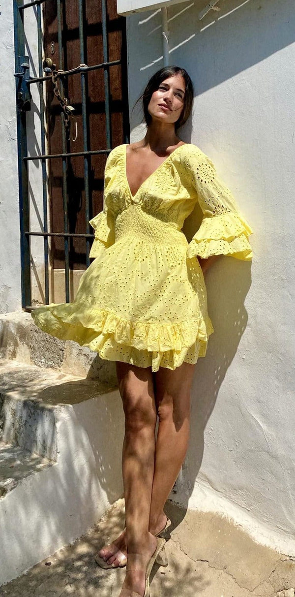 Vestido Mini Calado Amarillo