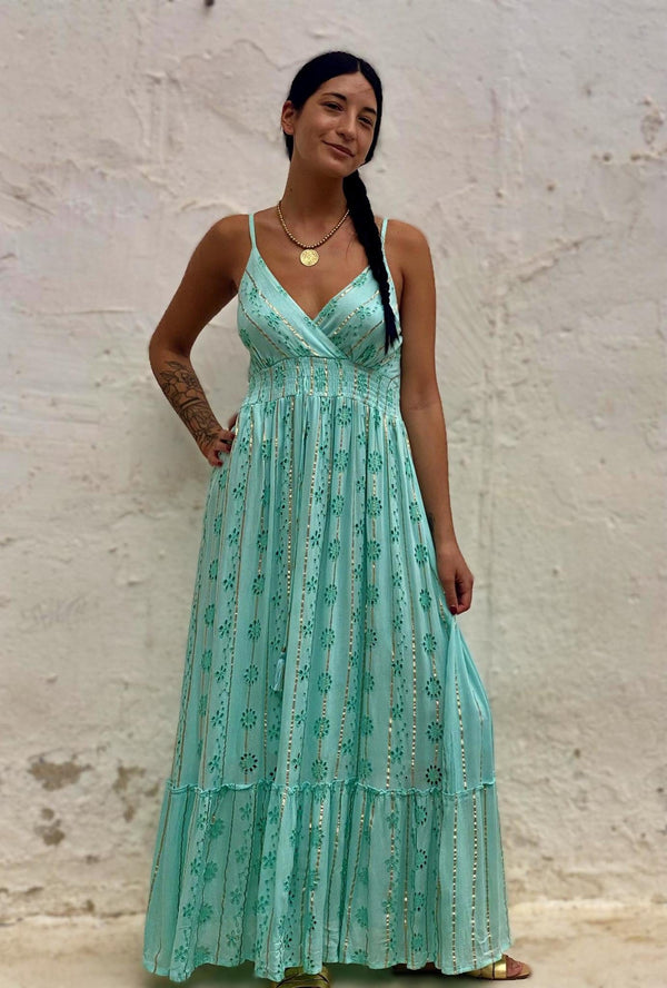 Vestido Turquesa Rayas Doradas
