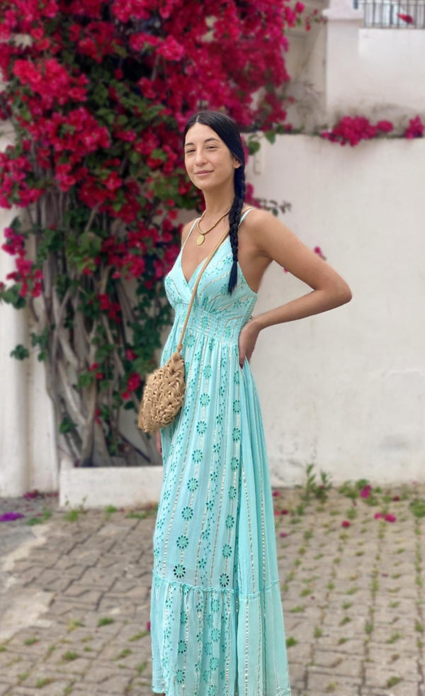 Vestido Turquesa Rayas Doradas