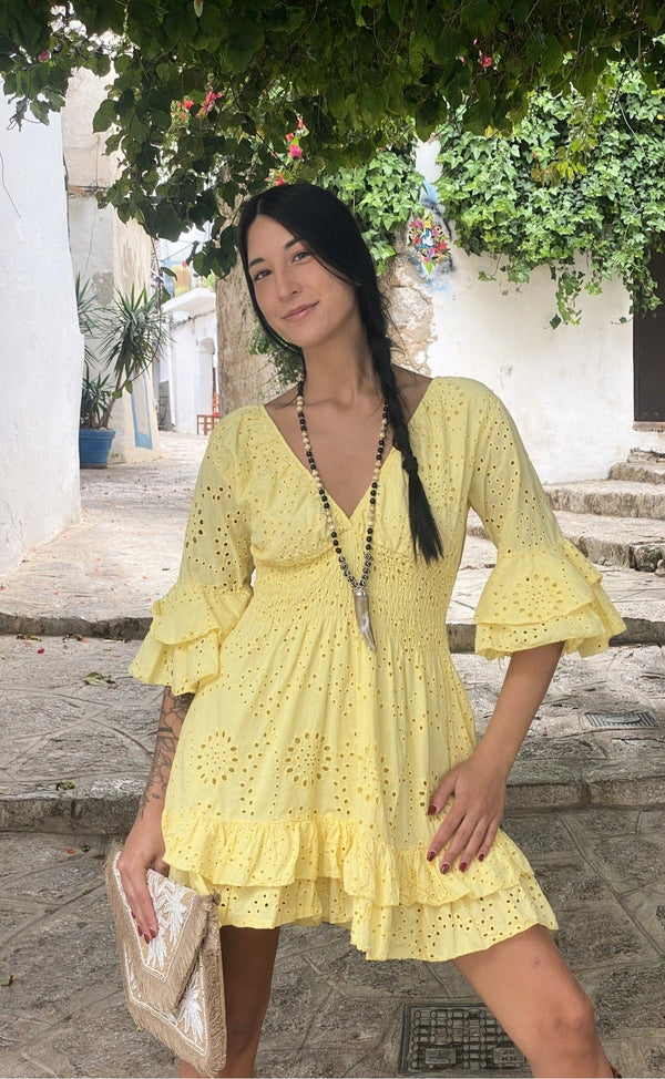 Vestido Mini Calado Amarillo
