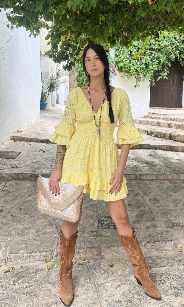 Vestido Mini Calado Amarillo
