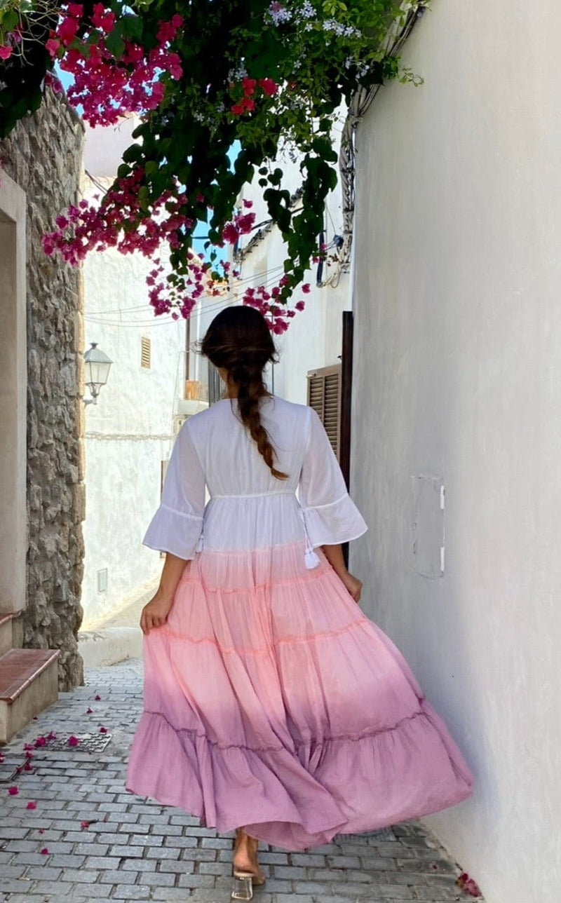 Vestido Largo Tricolor Blanco Rosa