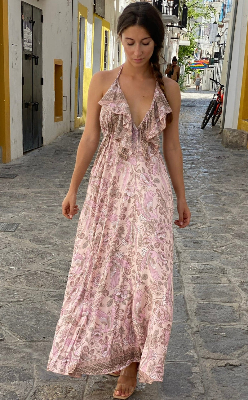 Vestido Escote Volantes Pink