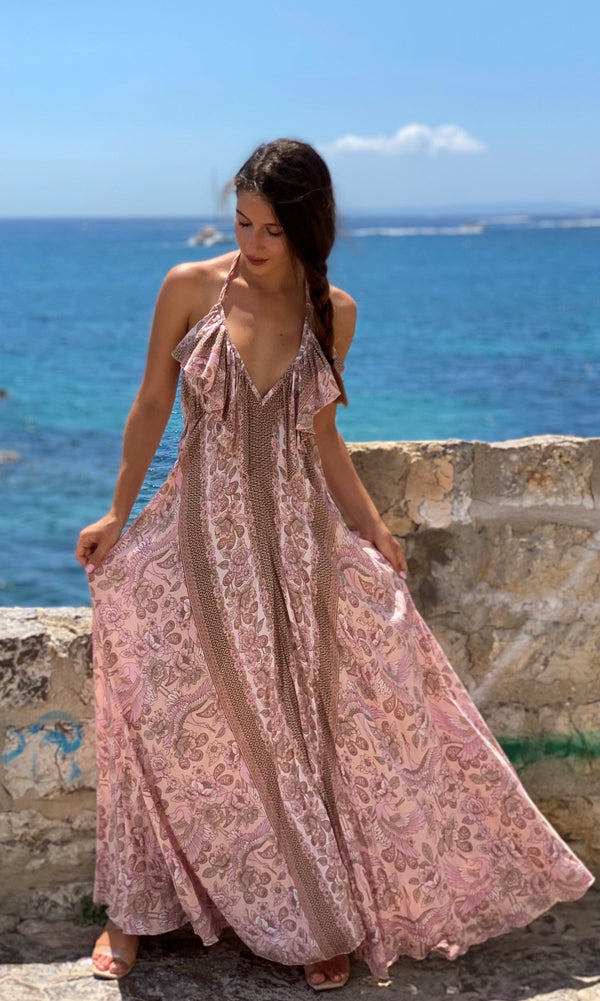 Vestido Escote Volantes Pink